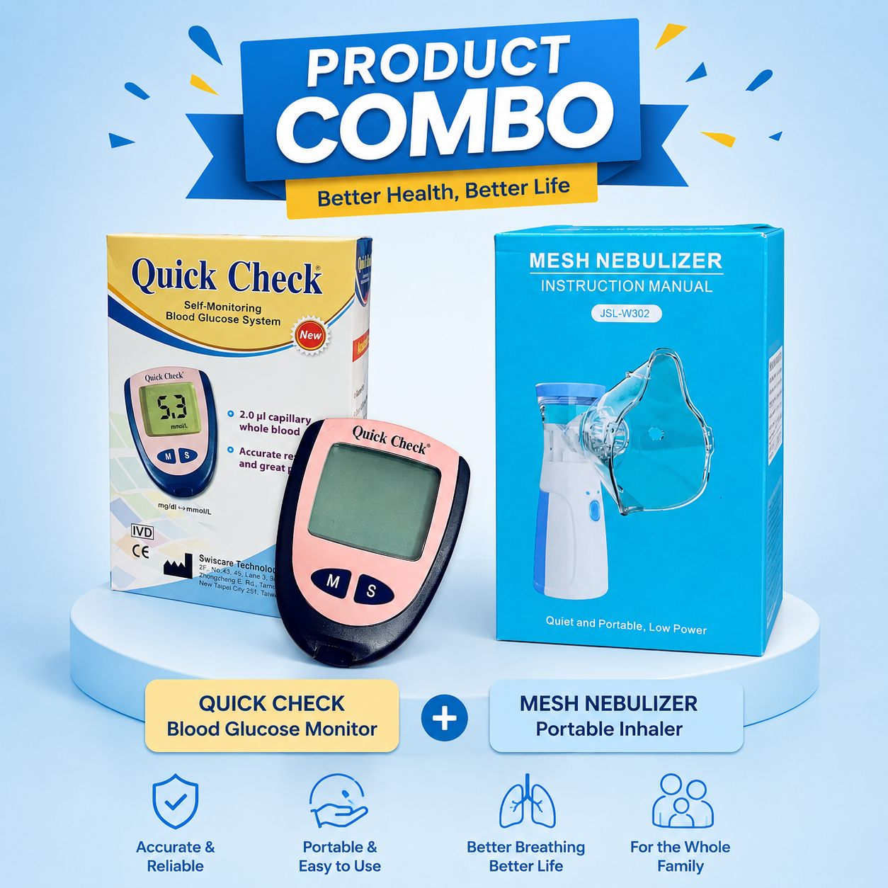 Quick Check Blood Glucose Monitor + Mesh Nebulizer Combo